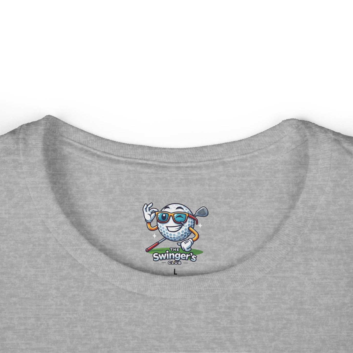 Gray t-shirt with a golf-themed logo on the collar against a white background