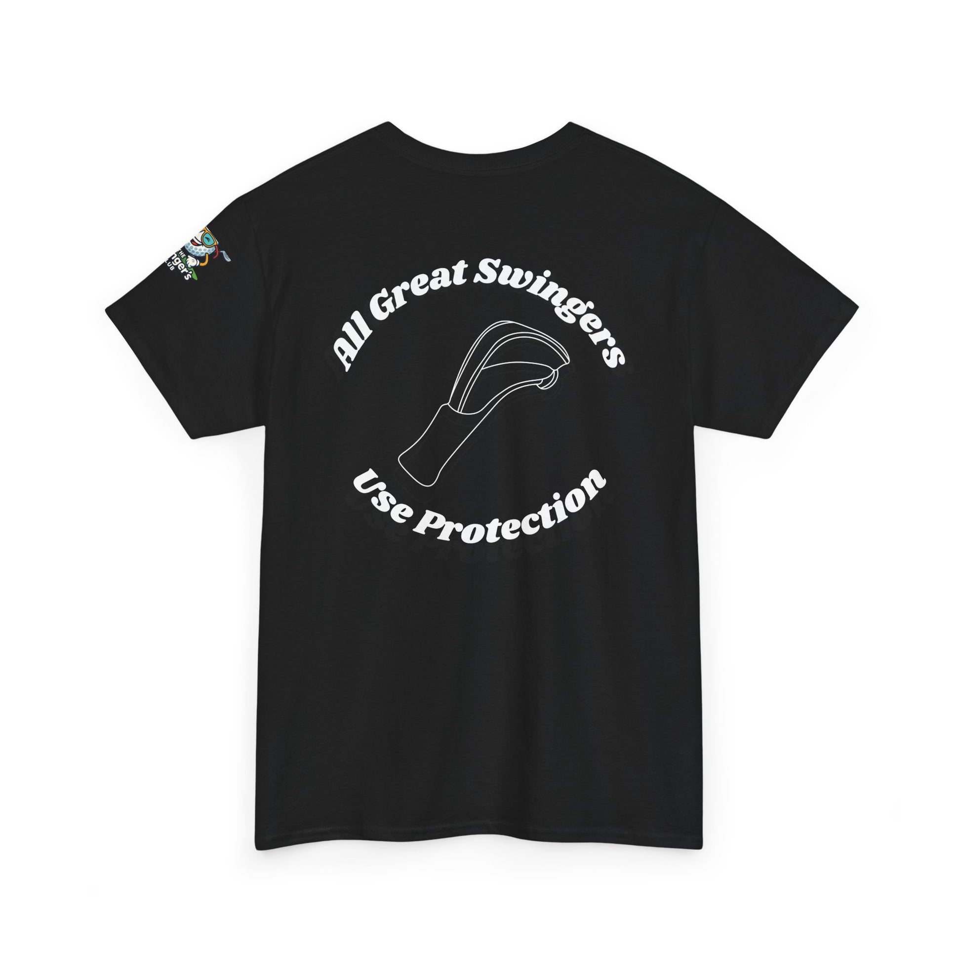 Back of black golf shirt with All Great Swingers USe Protection with Driver head cover in the center