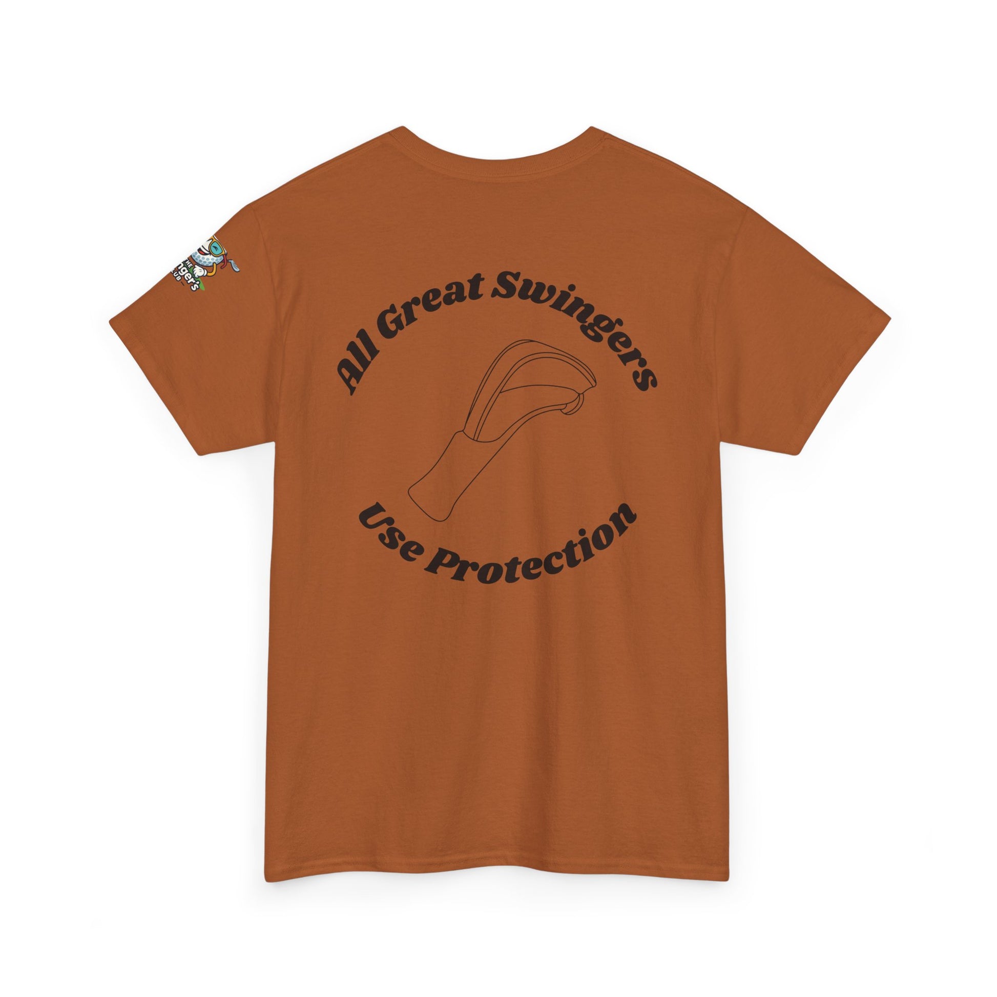 Back of burnt orange golf shirt with All Great Swingers use Protection in the center