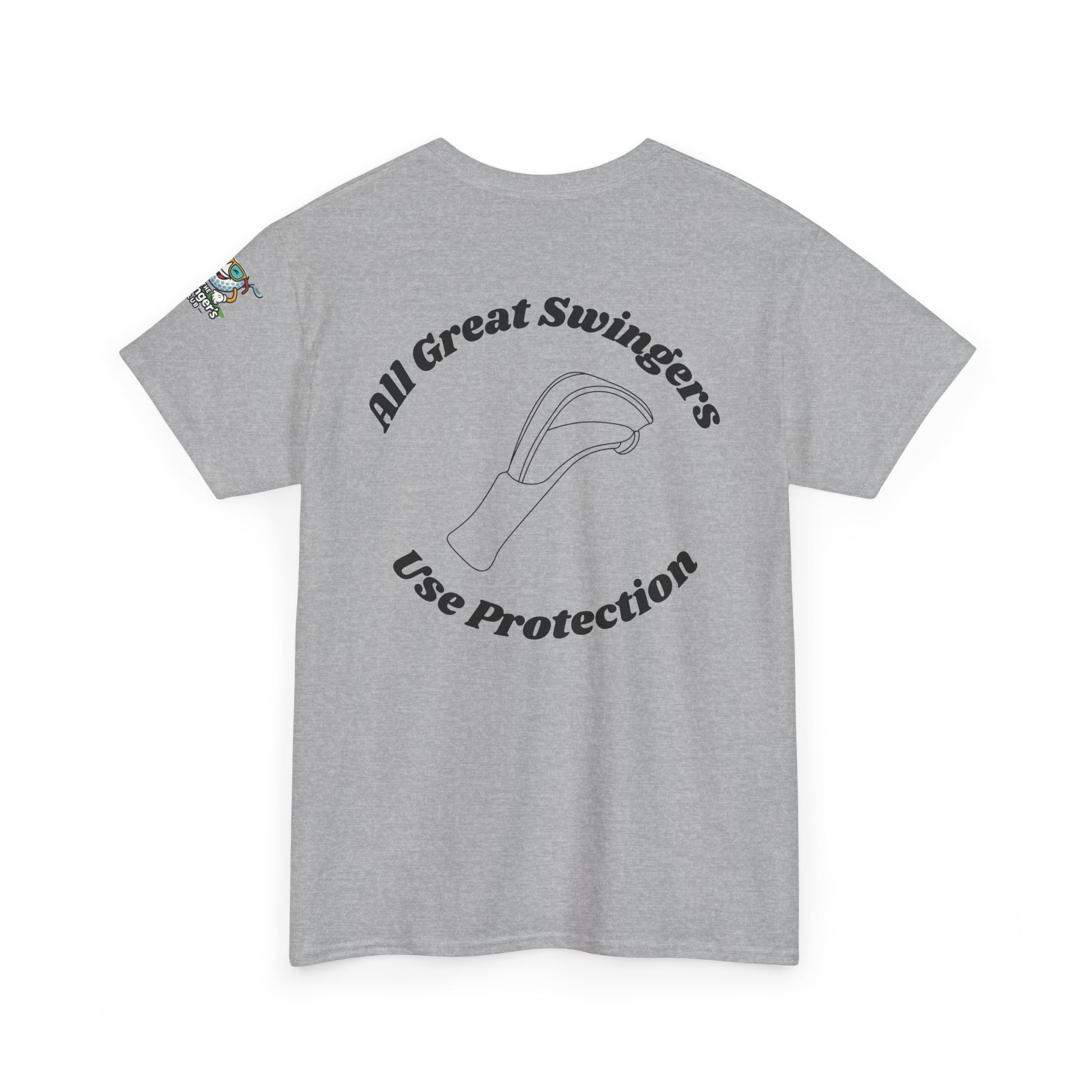 Back of gray golf shirt with All Great Swingers USe Protection with Driver head cover in the center