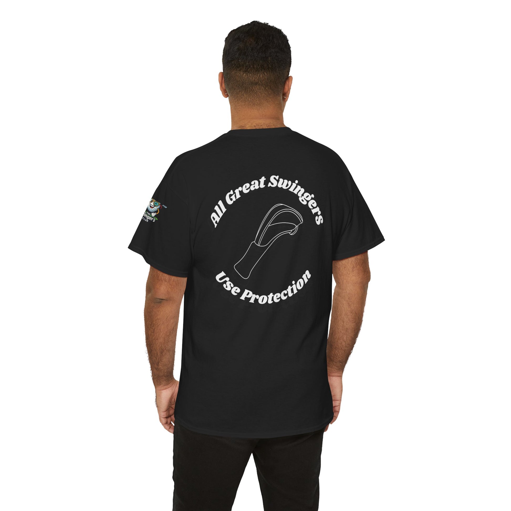 Model facing away so you can see the back of black golf tee with funny saying