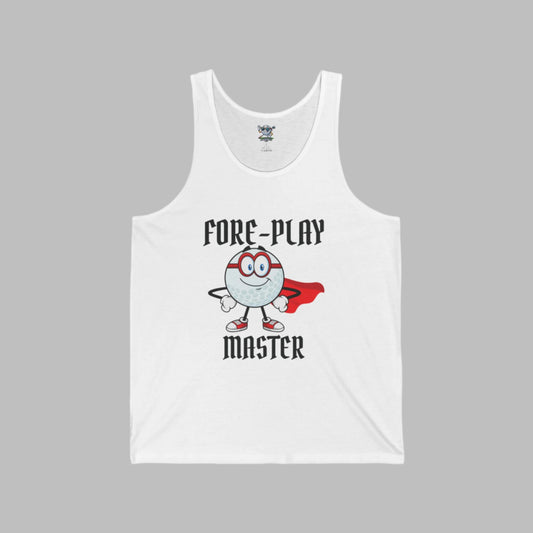 White tank top with a golf ball cartoon character wearing a cape and fore play master text.