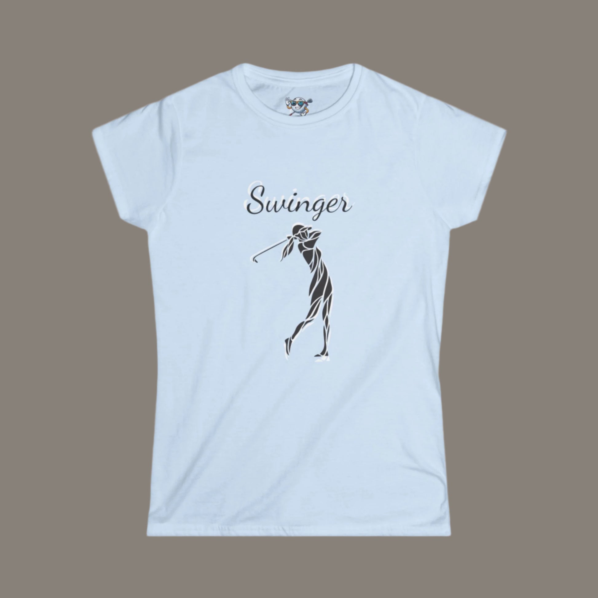 Light Blue Golf shirt with a design of a Female Golfer at the finish of her swing with the text Swinger over the design with a dark gray background