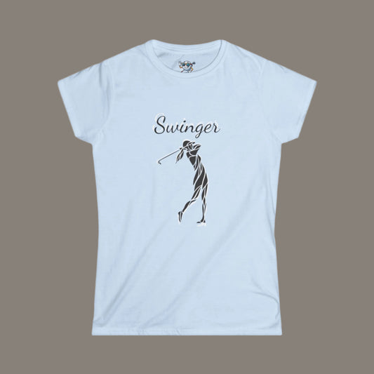 Light Blue Golf shirt with a design of a Female Golfer at the finish of her swing with the text Swinger over the design with a dark gray background