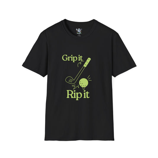 Black golf shirt with Grip It and Rip It on the Front with golf club smacking a golf ball