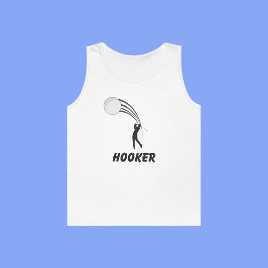 White Hooker Women's tank for graphic of golfer hitting a big hook with the text "Hooker" under the graphic with a light blue background