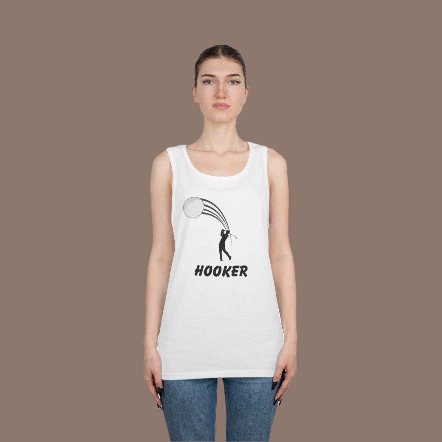 Person wearing a white "Hooker" tank top with a graphic of a golfer hitting a big hook with a tan background