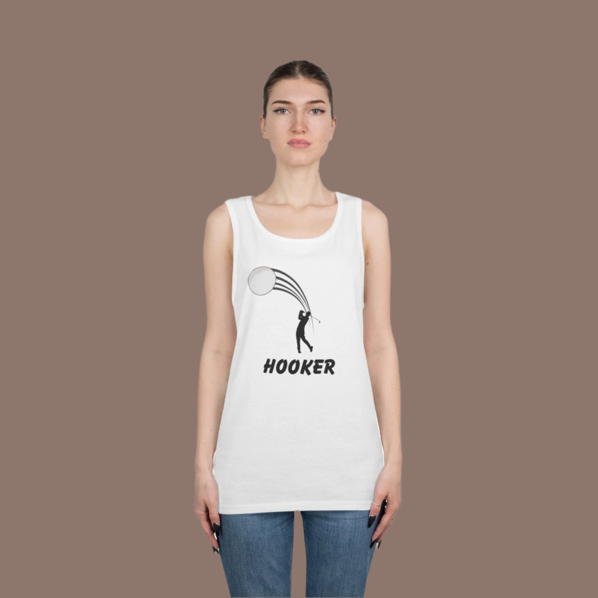 Person wearing a white "Hooker" tank top with a graphic of a golfer hitting a big hook with a tan background
