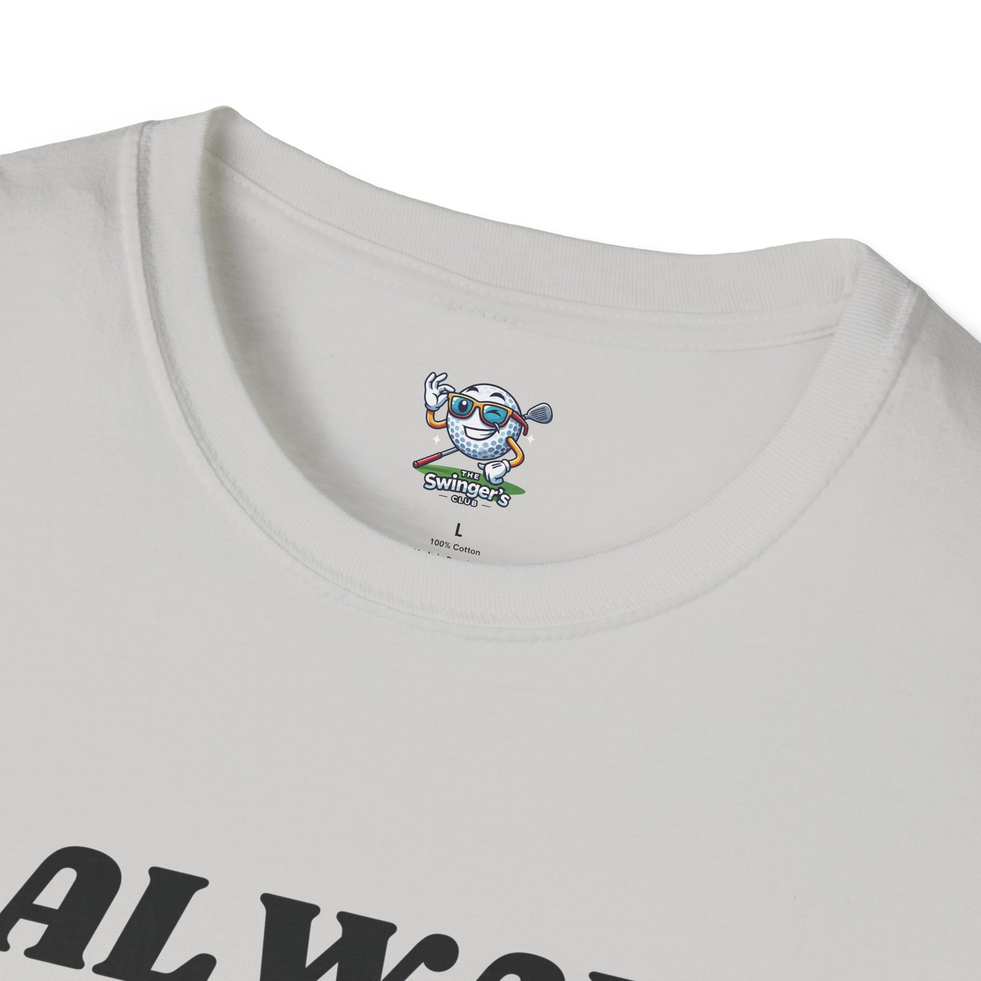Close-up of a white t-shirt with a logo on the collar and text at the bottom.