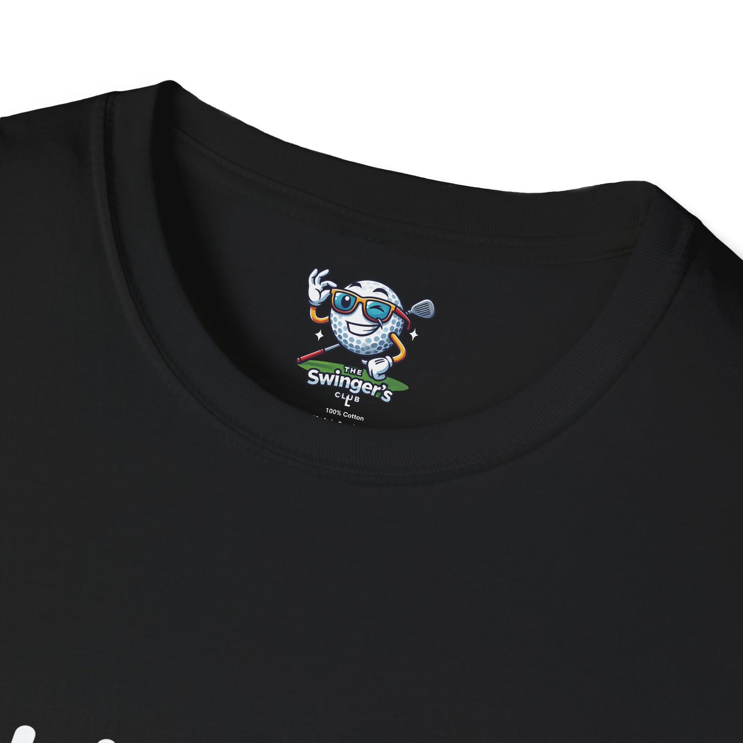 Black t-shirt with a golf-themed logo on a white background