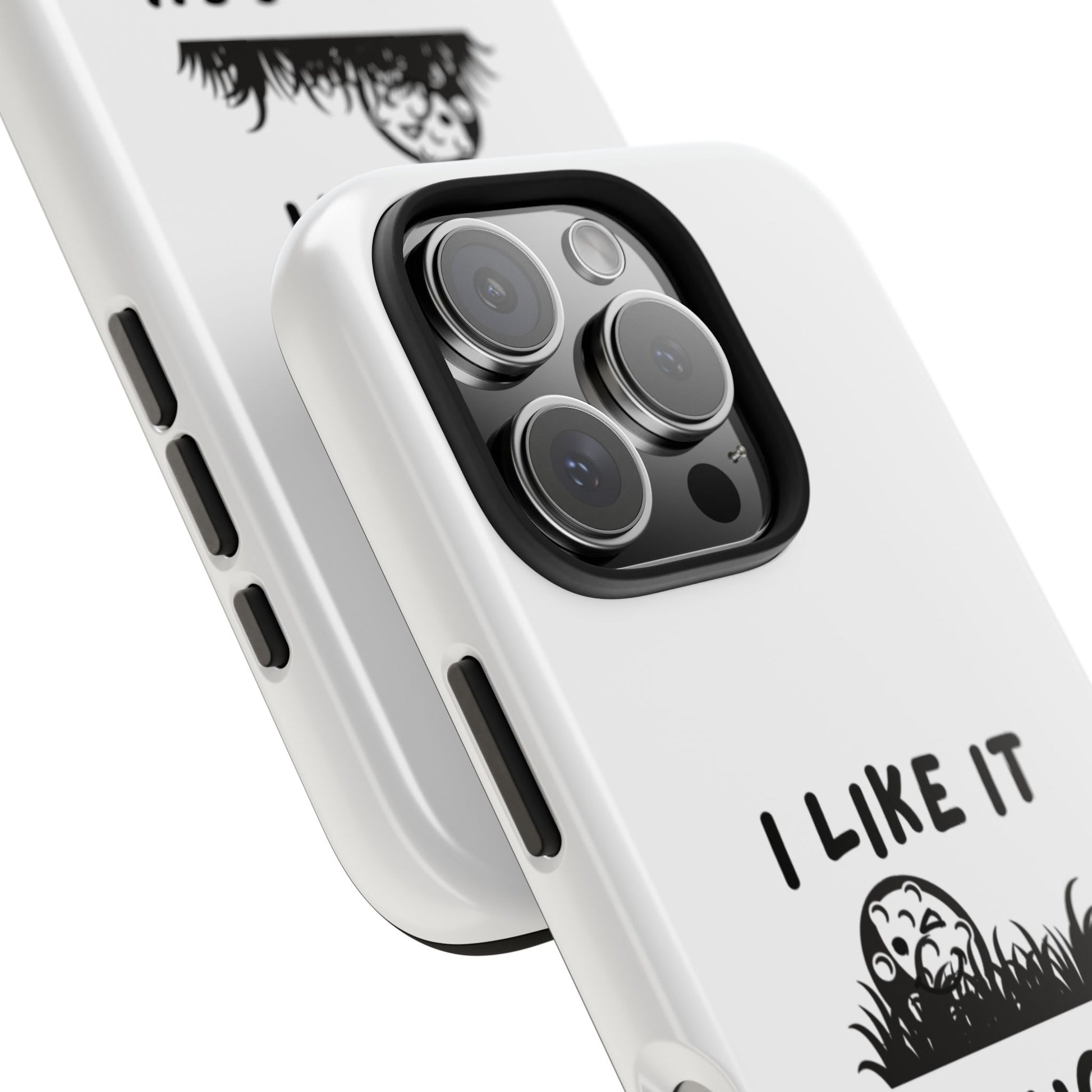 Phone case with 'I Like It' text and graphic design on a white background