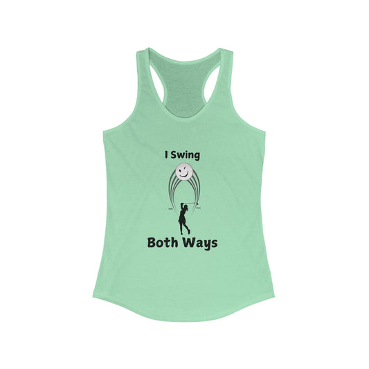 Green Tank with female golfer swing hitting both a Draw and a Fade with white background