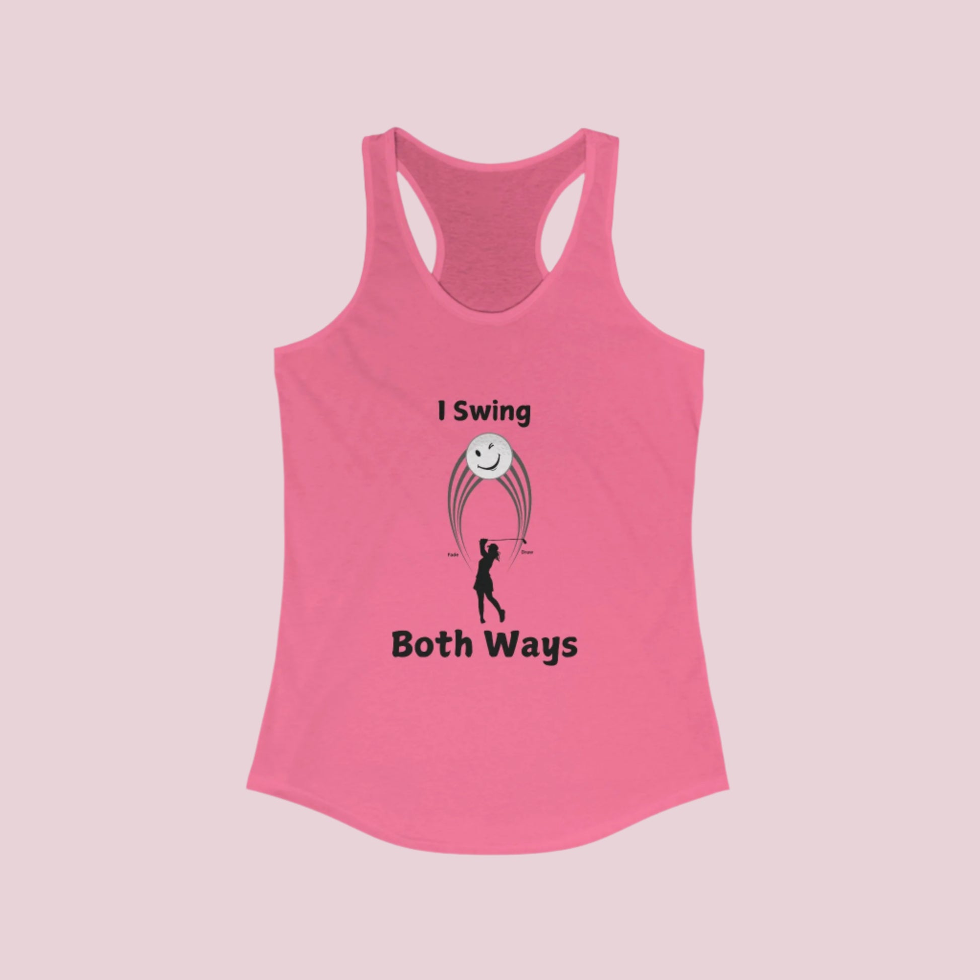 Pink tank with female golfer swing hitting both a Draw and a Fade with white background