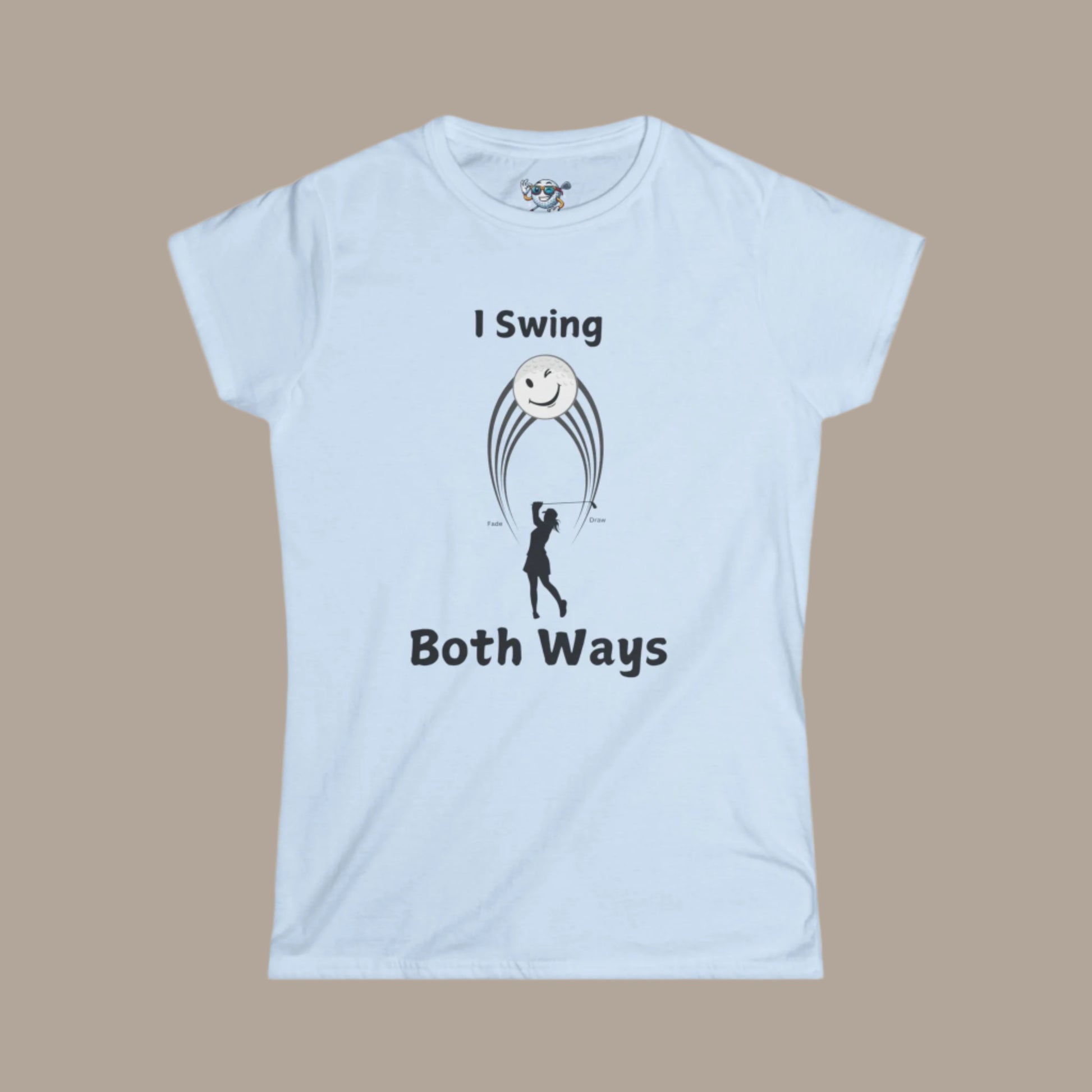 Light Blue shirt with female golfer swing hitting both a Draw and a Fade with white background