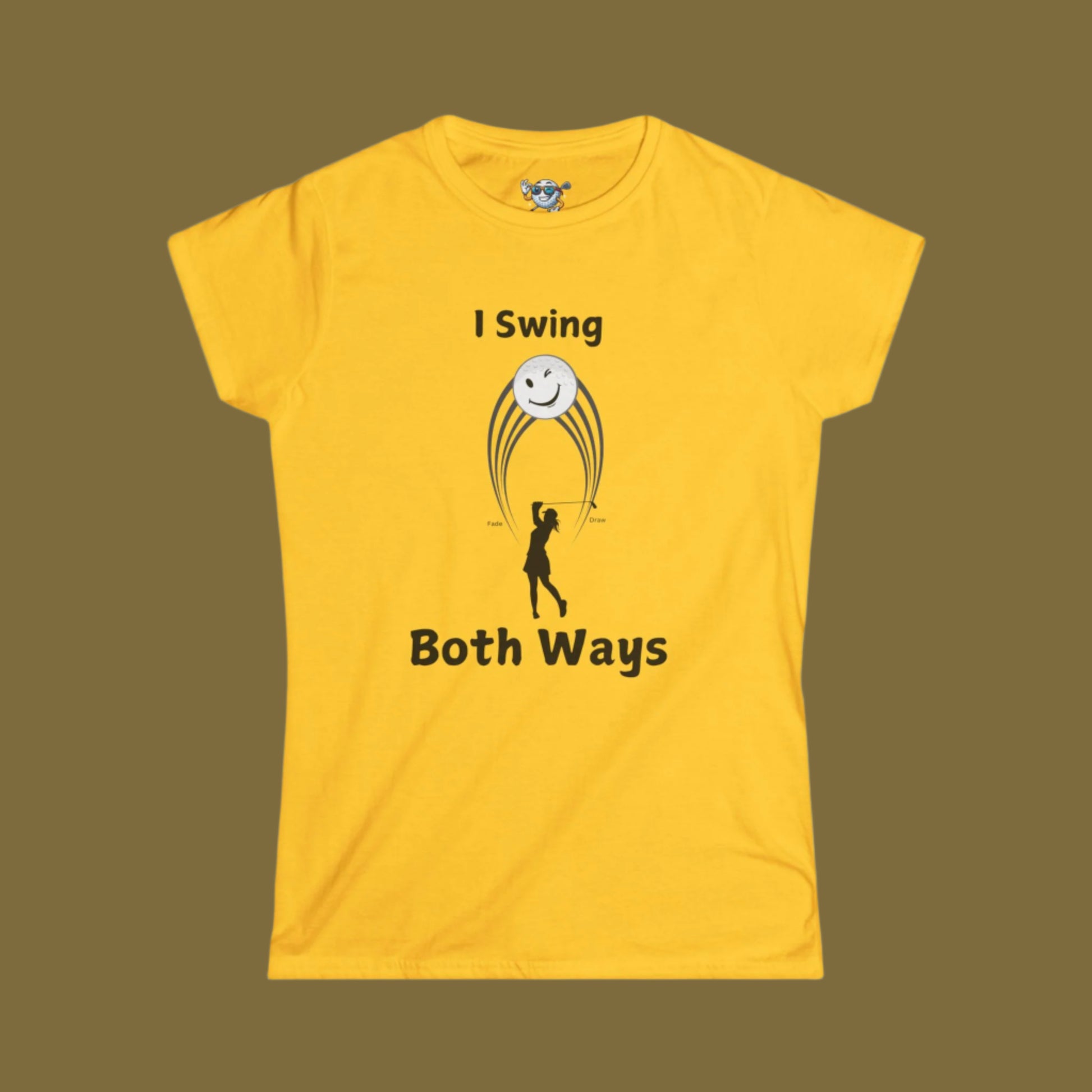 Yellow shirt with female golfer swing hitting both a Draw and a Fade with brown background