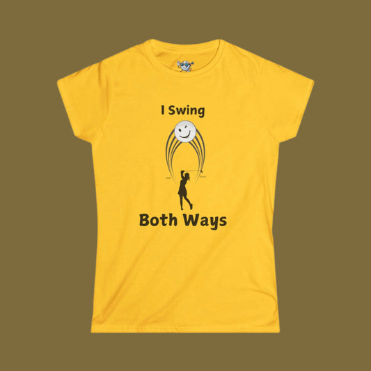 Yellow shirt with female golfer swing hitting both a Draw and a Fade with brown background
