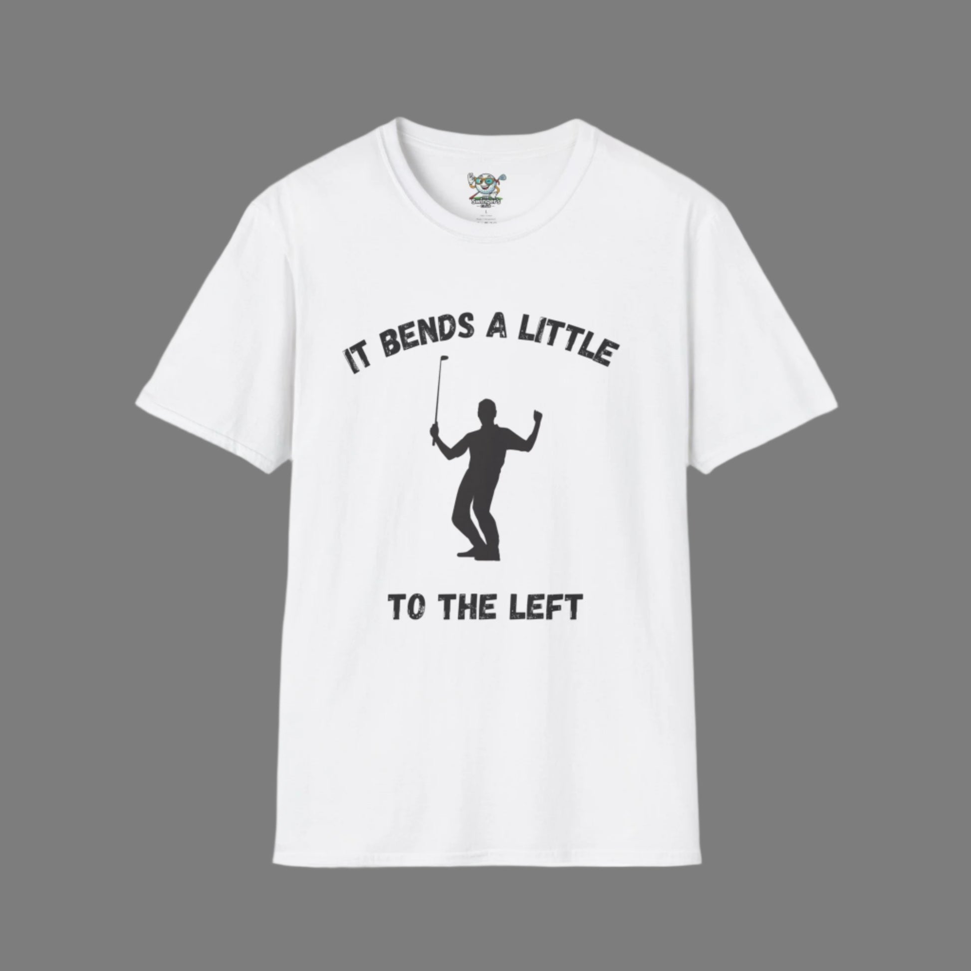 White Golf Shirt with golfer celebrating with a text saying "It bends a Little" above and "To the left" at the bottom of the design with a  dark gray background
