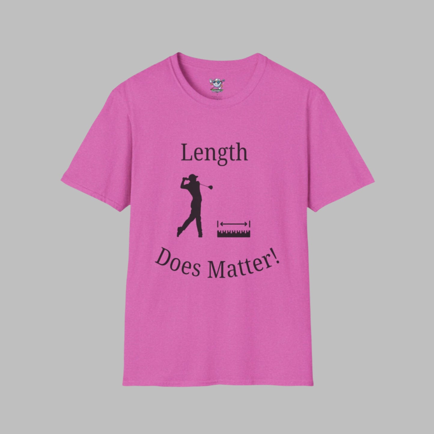 Pink shirt with design of golfer and tape measure with "Length" above it and "Does Matter" below it