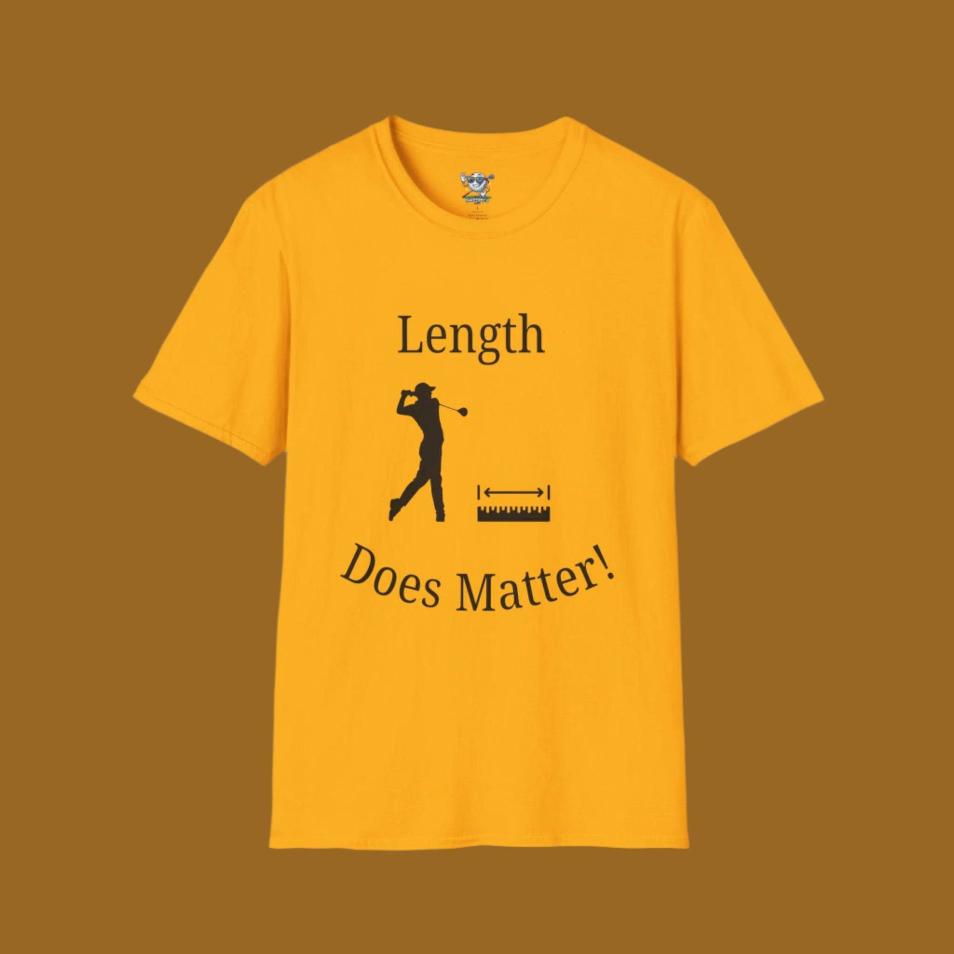 Yellow shirt with design of golfer and tape measure with "Length" above it and "Does Matter" below it