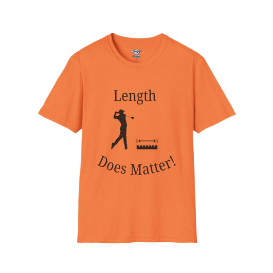 Orange shirt with design of golfer and tape measure with "Length" above it and "Does Matter" below it