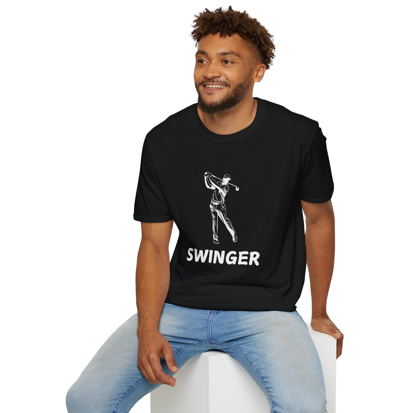 Man wearing a black t-shirt with a golfer graphic and text that says Swinger under the graphic with a white background