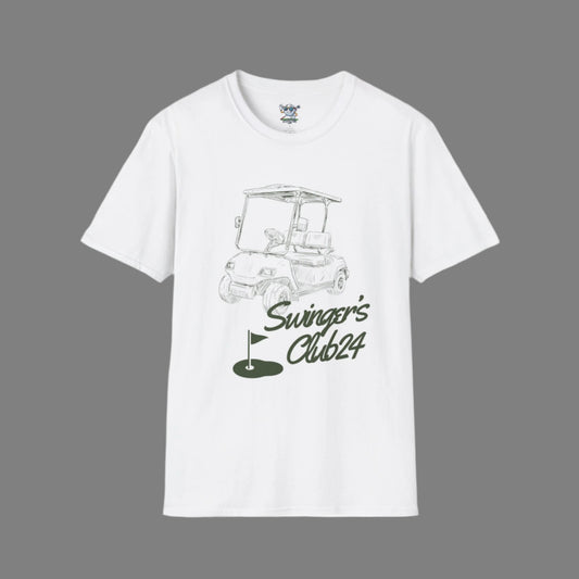 White t-shirt with golf cart graphic and 'Swinger's Club24' text on a dark gray background