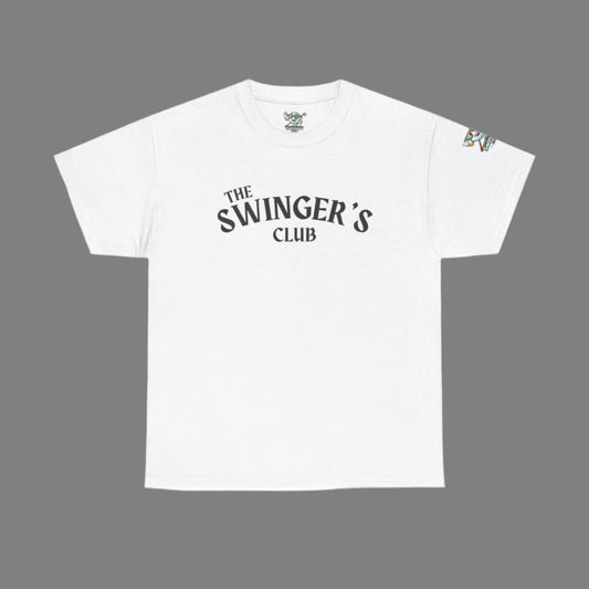 White golf shirt with The Swinger's Club on the front