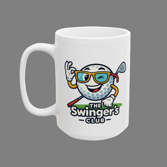The Swinger's Club 15 oz Coffee Mug with logo, winking golf ball, on the side