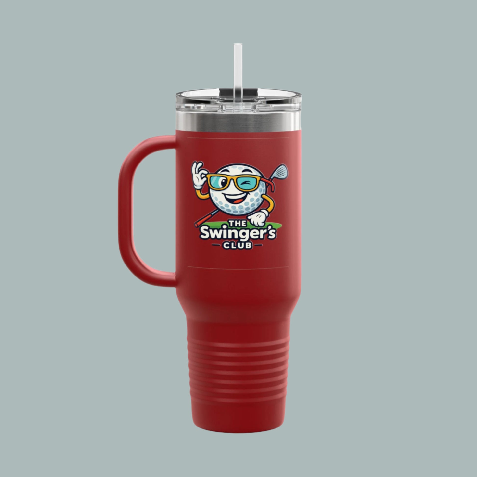 Red mug with a handle featuring 'The Swinger's Club' logo on a gray background