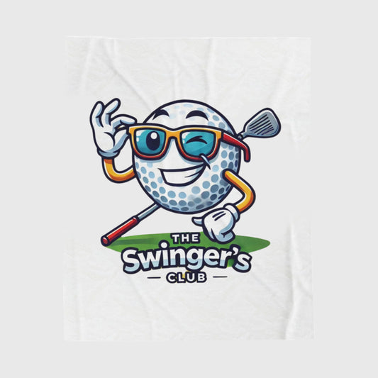 Golf ball character with sunglasses and golf clubs, 'The Swinger's Club' logo on a white background