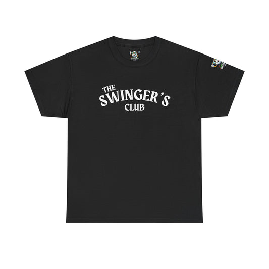 Black t-shirt with 'The Swinger's Club' text on a white background