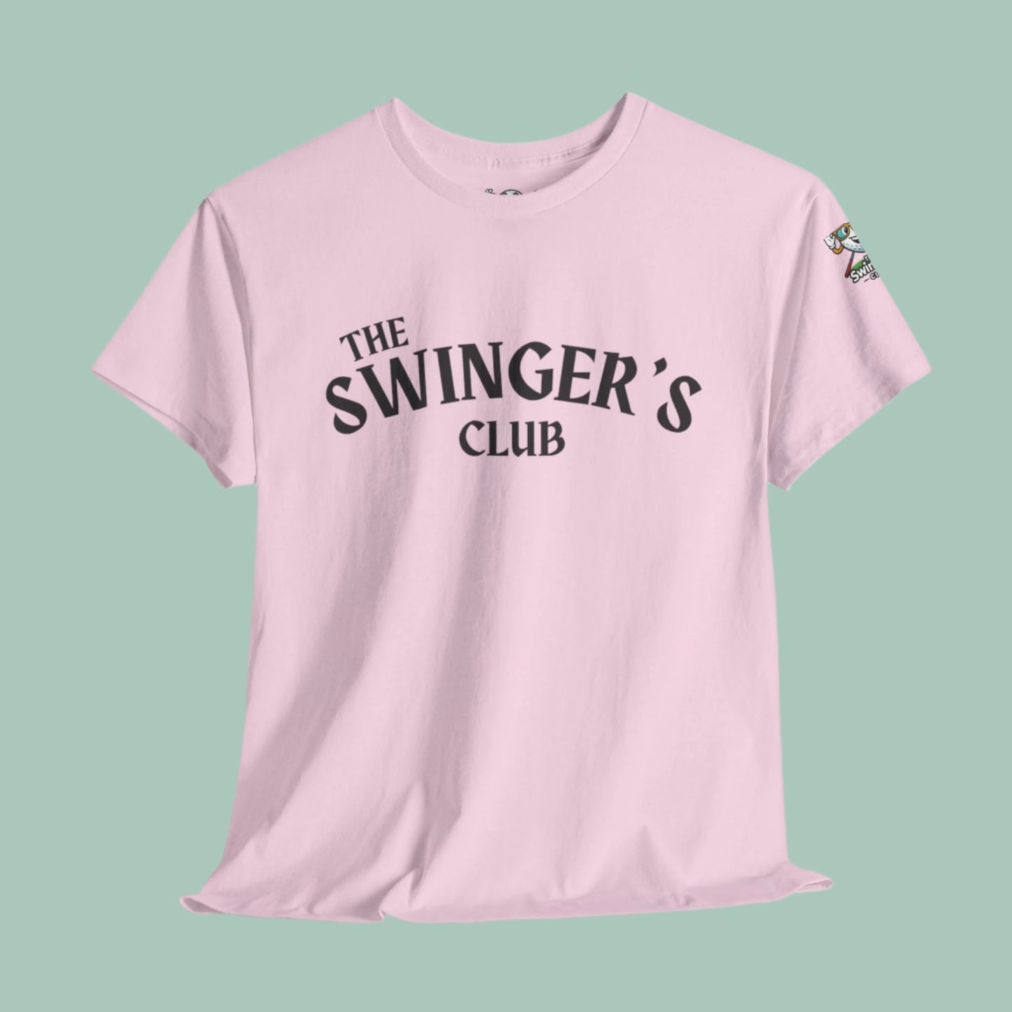 Pink t-shirt with 'The Swinger's Club' text on a white background