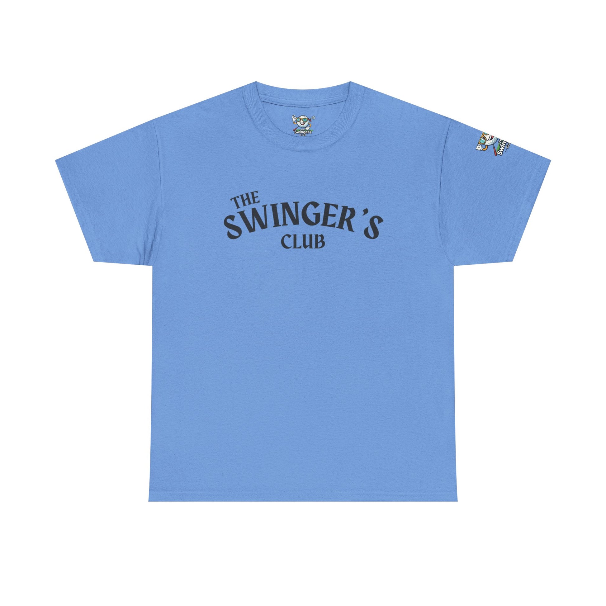 Light blue t-shirt with 'The Swinger's Club' text on a white background