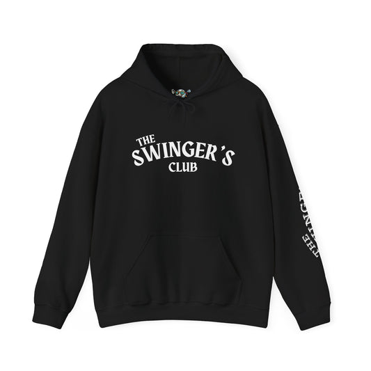 Black, "The Swinger's Club" hoodie front with the text on the front with white background
