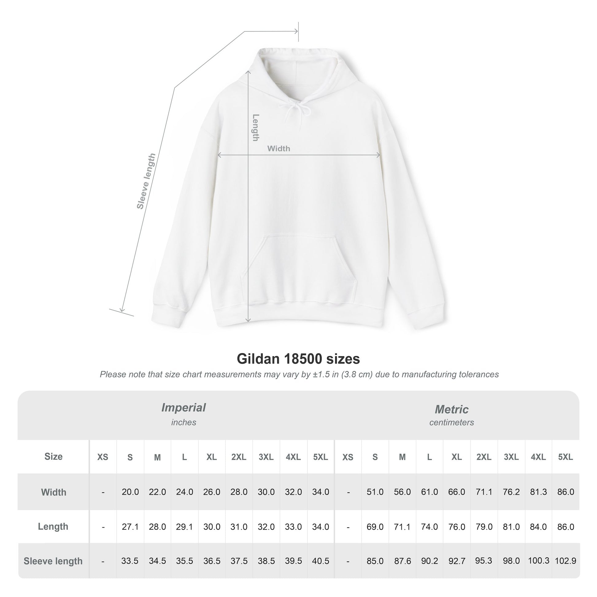 Gildan Size Chart to verify fit of hoodie