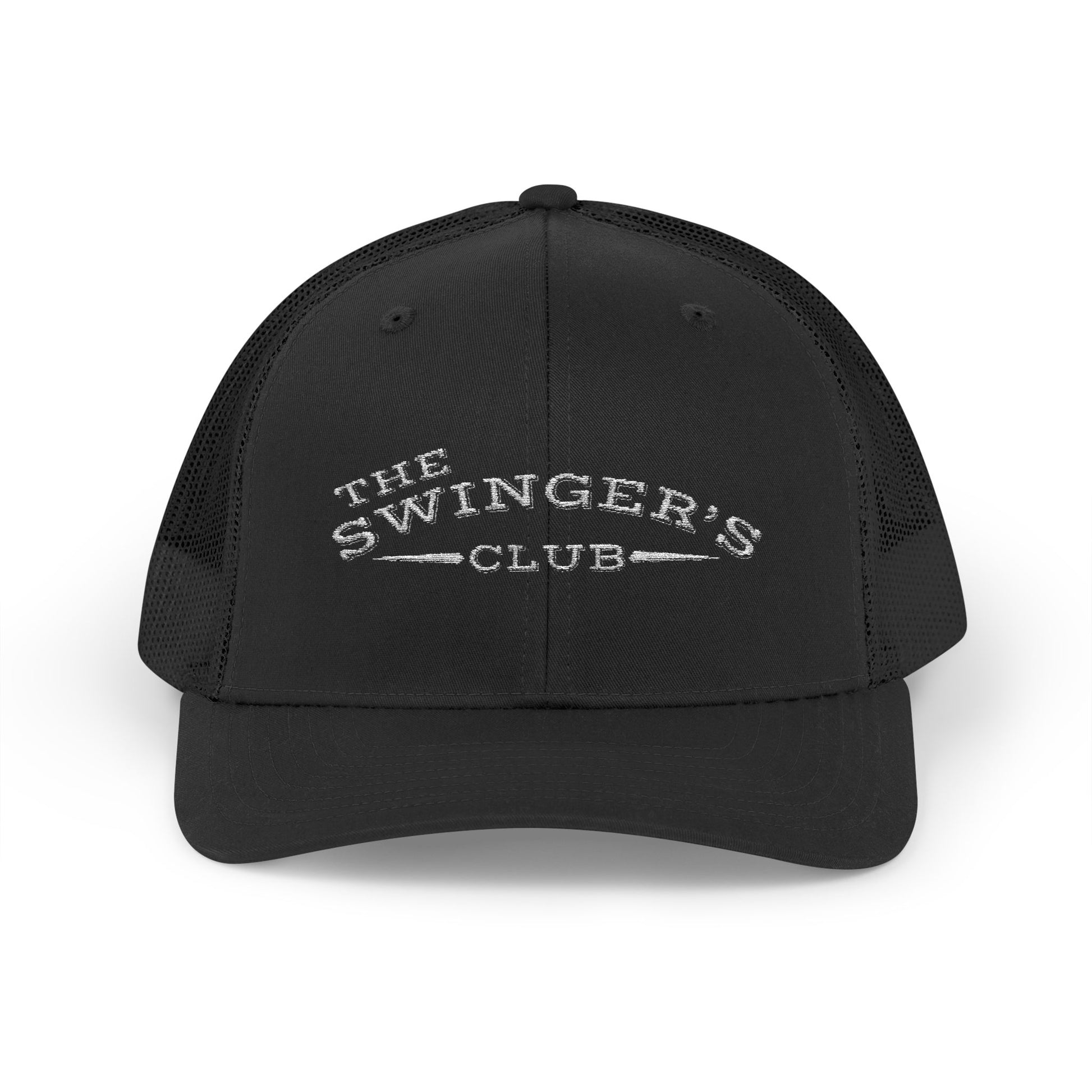 Black cap with 'The Swinger's Club' text on a white background