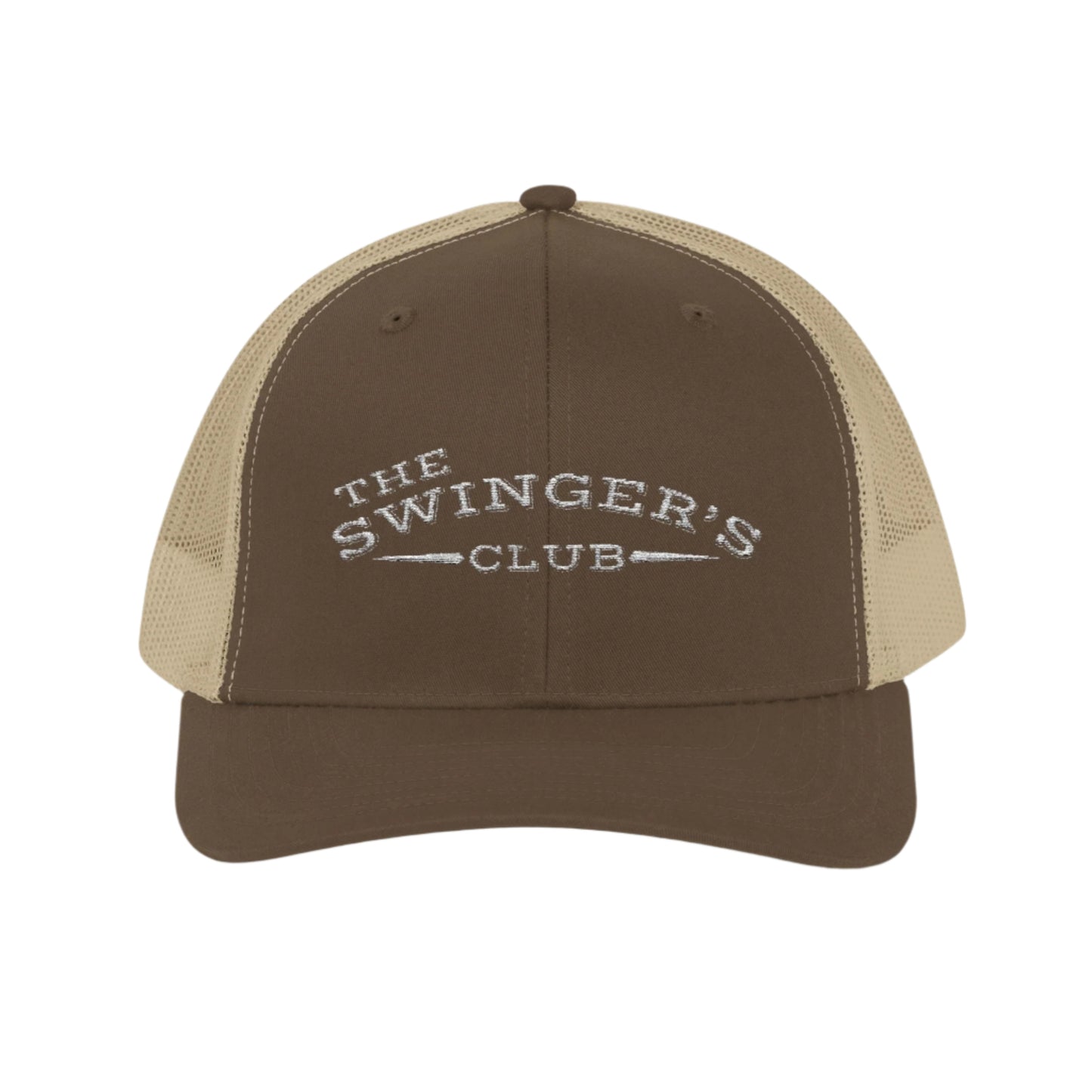 Brown and beige cap with 'The Swinger's Club' text on a white background