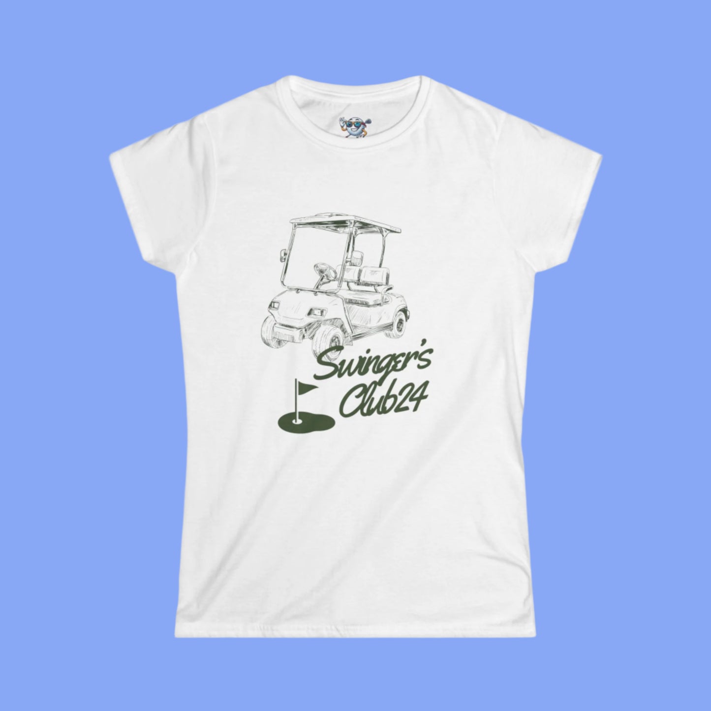 White t-shirt with golf-themed graphic and text on a blue background