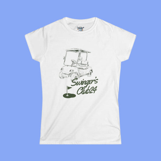 White t-shirt with golf-themed graphic and text on a blue background