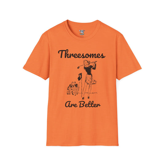Orange "Threesomes are Better"  golf shirt with graphic of three golfers and the text above and below the graphic with a white background