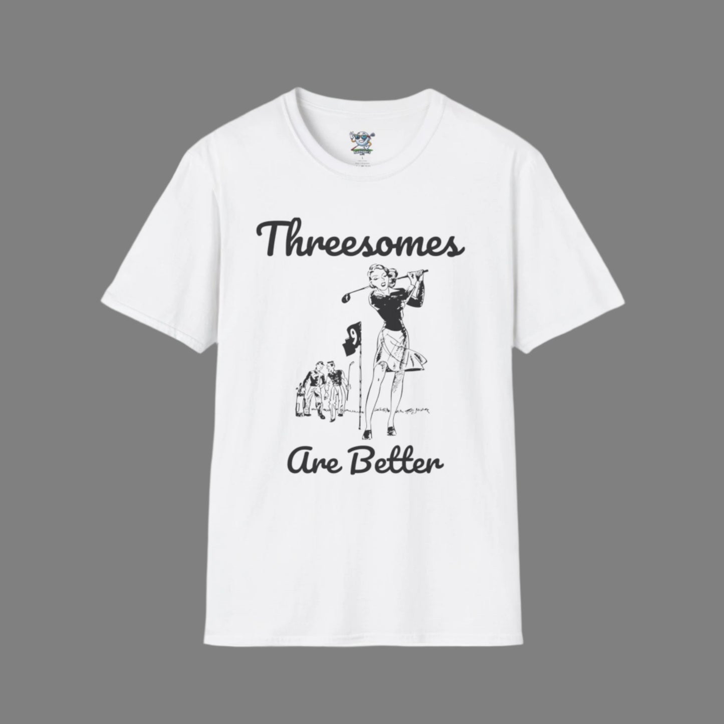 White "Threesomes are Better"  golf shirt with graphic of three golfers and the text above and below the graphic with a light gray background