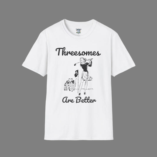White "Threesomes are Better"  golf shirt with graphic of three golfers and the text above and below the graphic with a light gray background