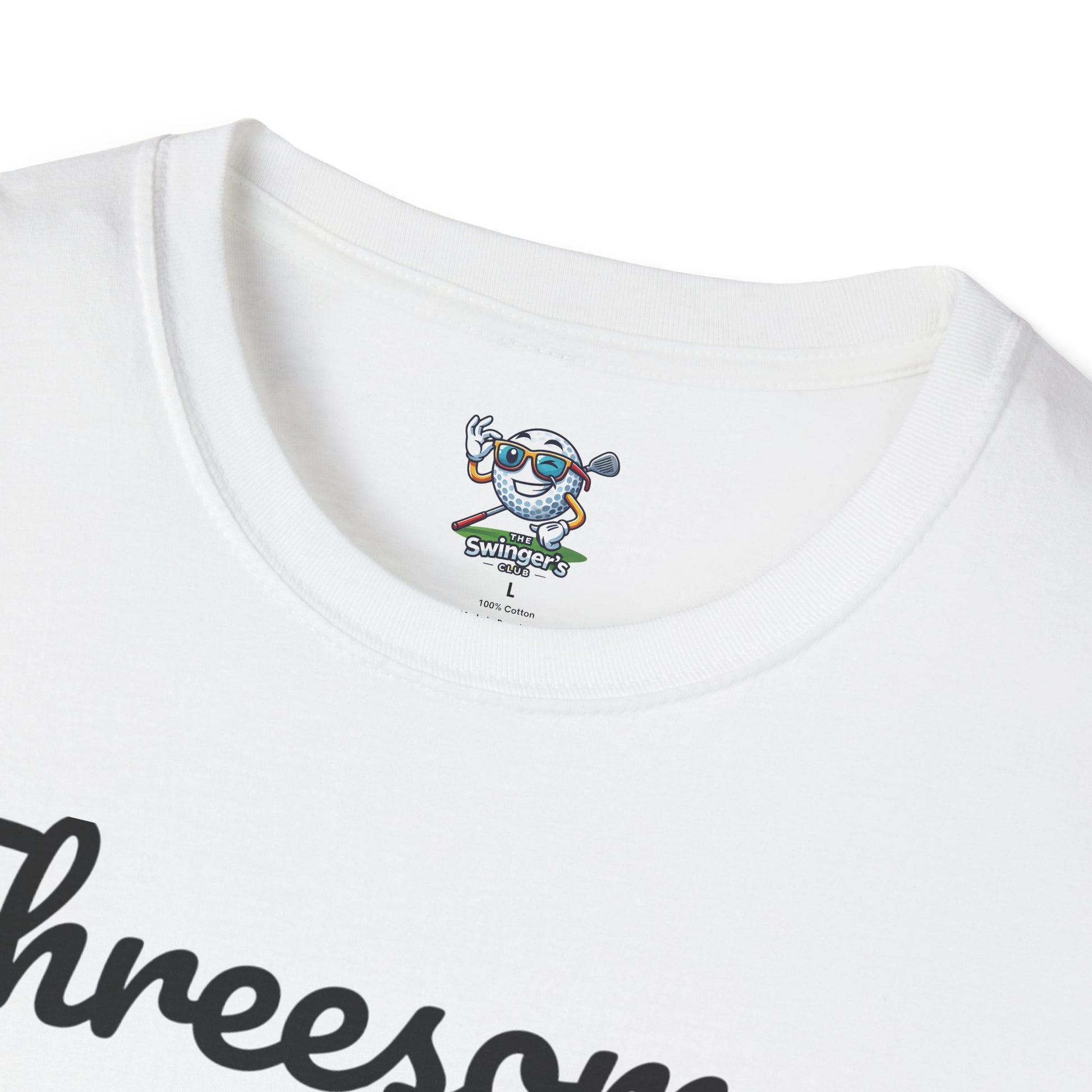 White t-shirt with a graphic design and text on a white background