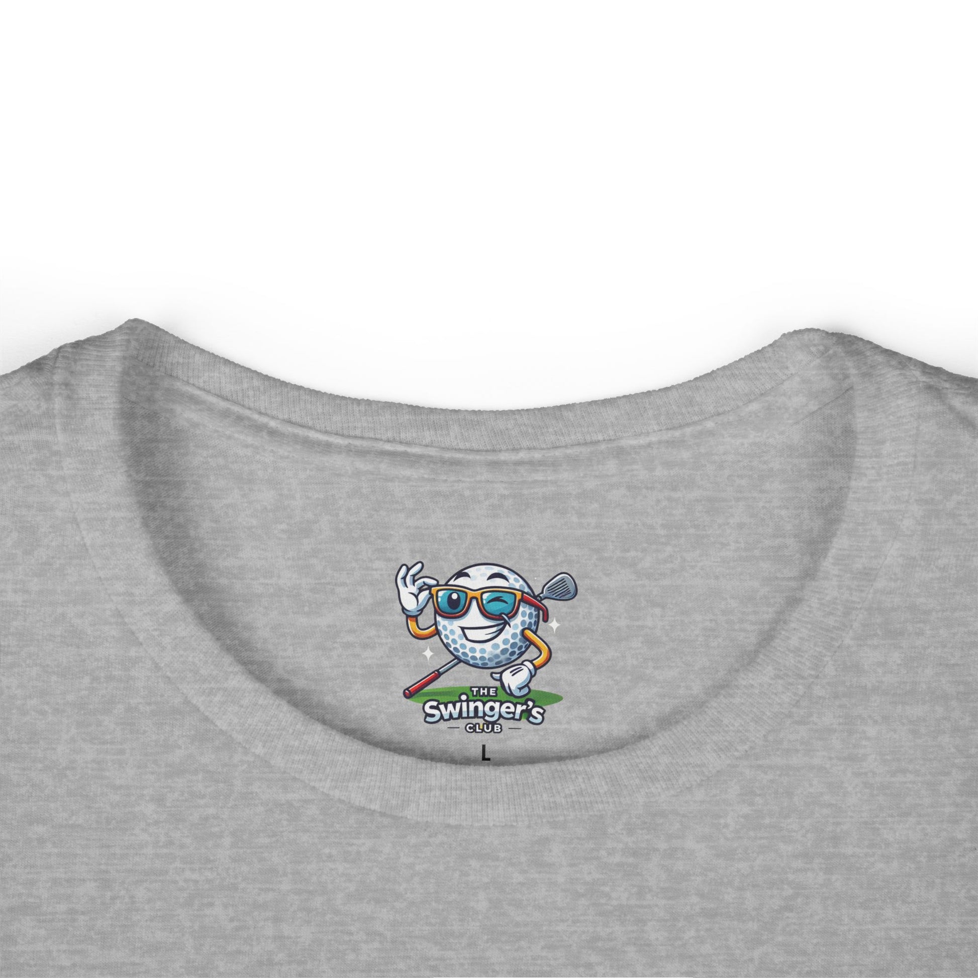 Gray t-shirt with a golf-themed logo on the collar against a white background